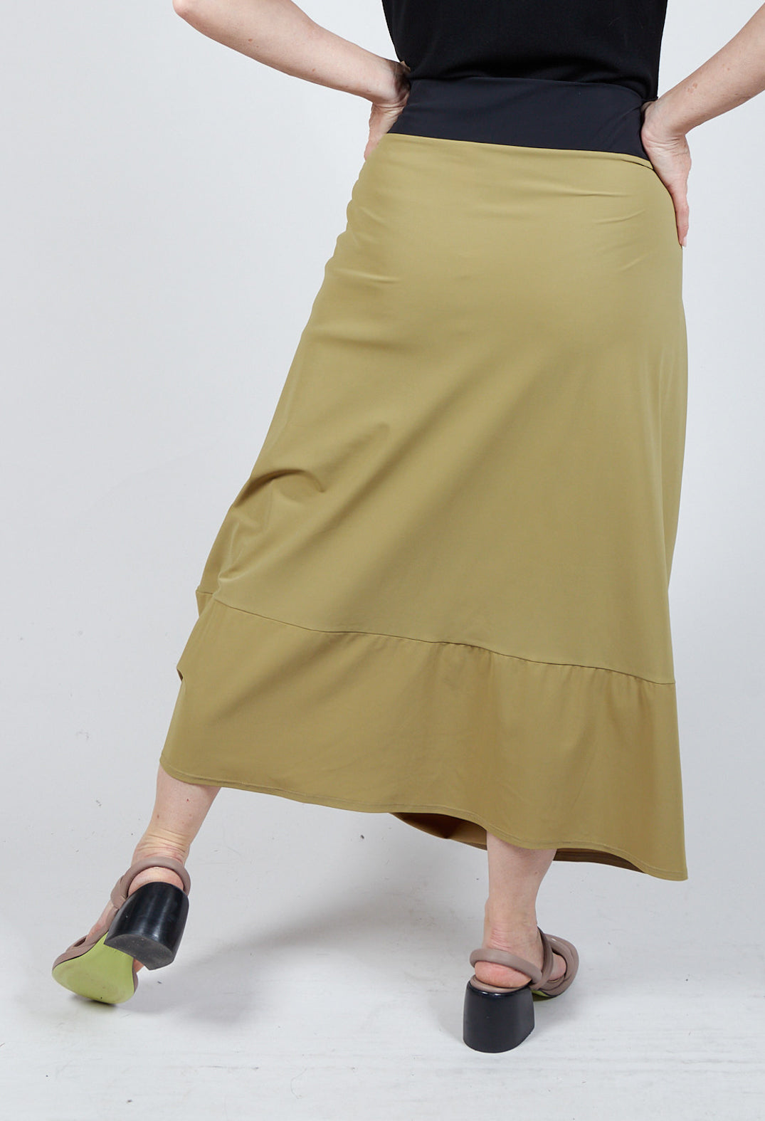 Midi Skirt with Asymmetric Tulip Hem in Green