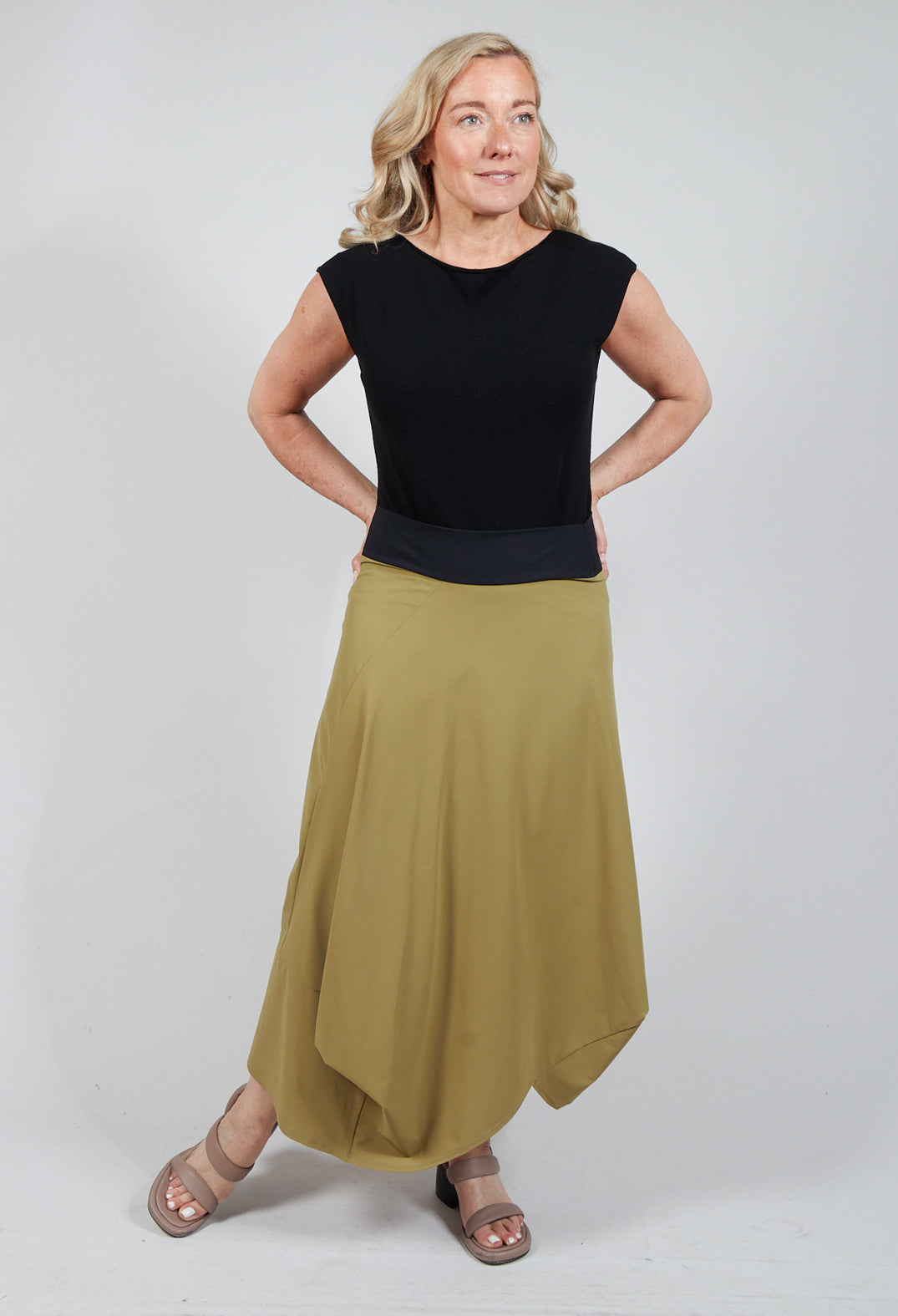 Midi Skirt with Asymmetric Tulip Hem in Green