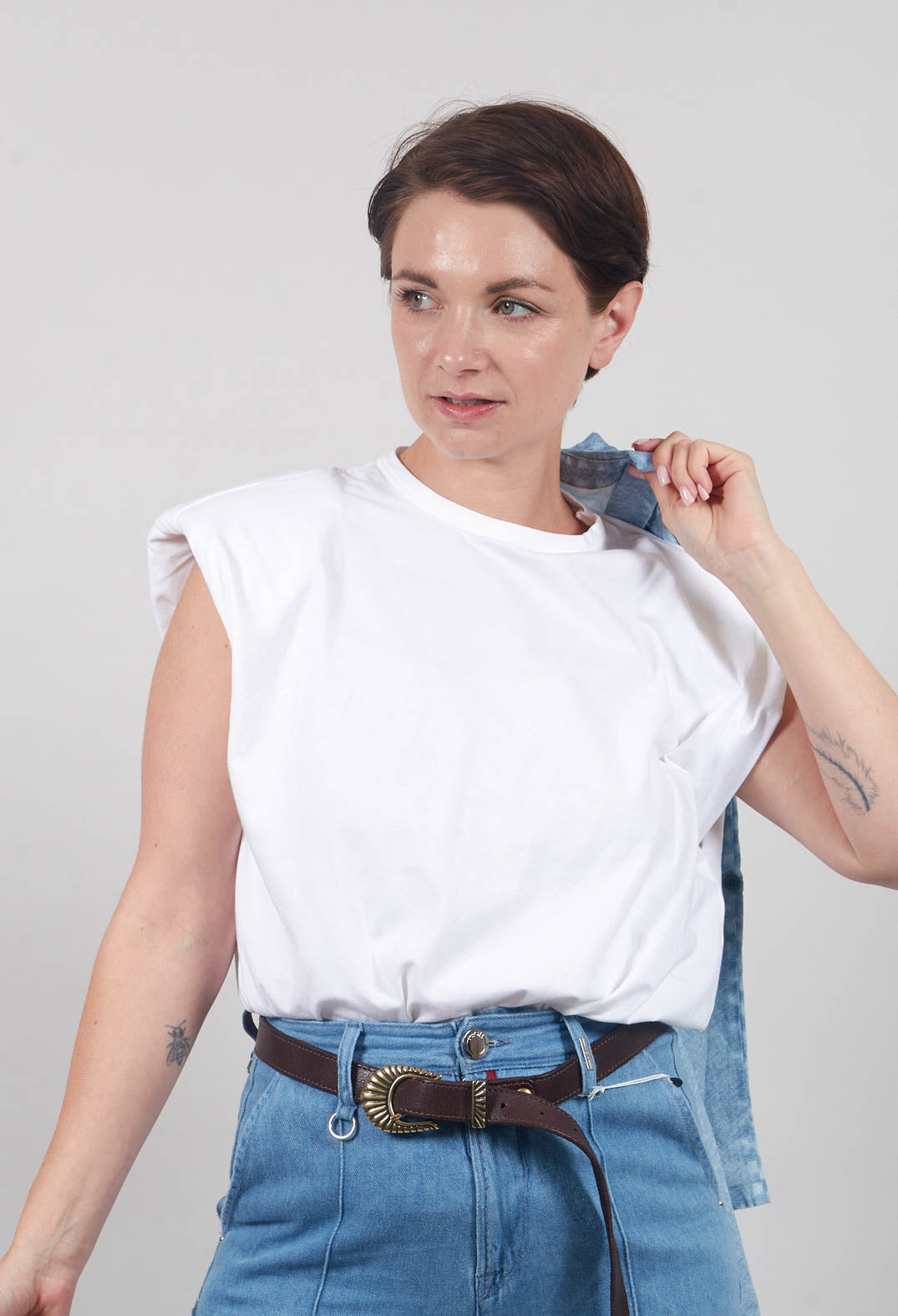 Sleeveless Top with Shoulder Pads in White