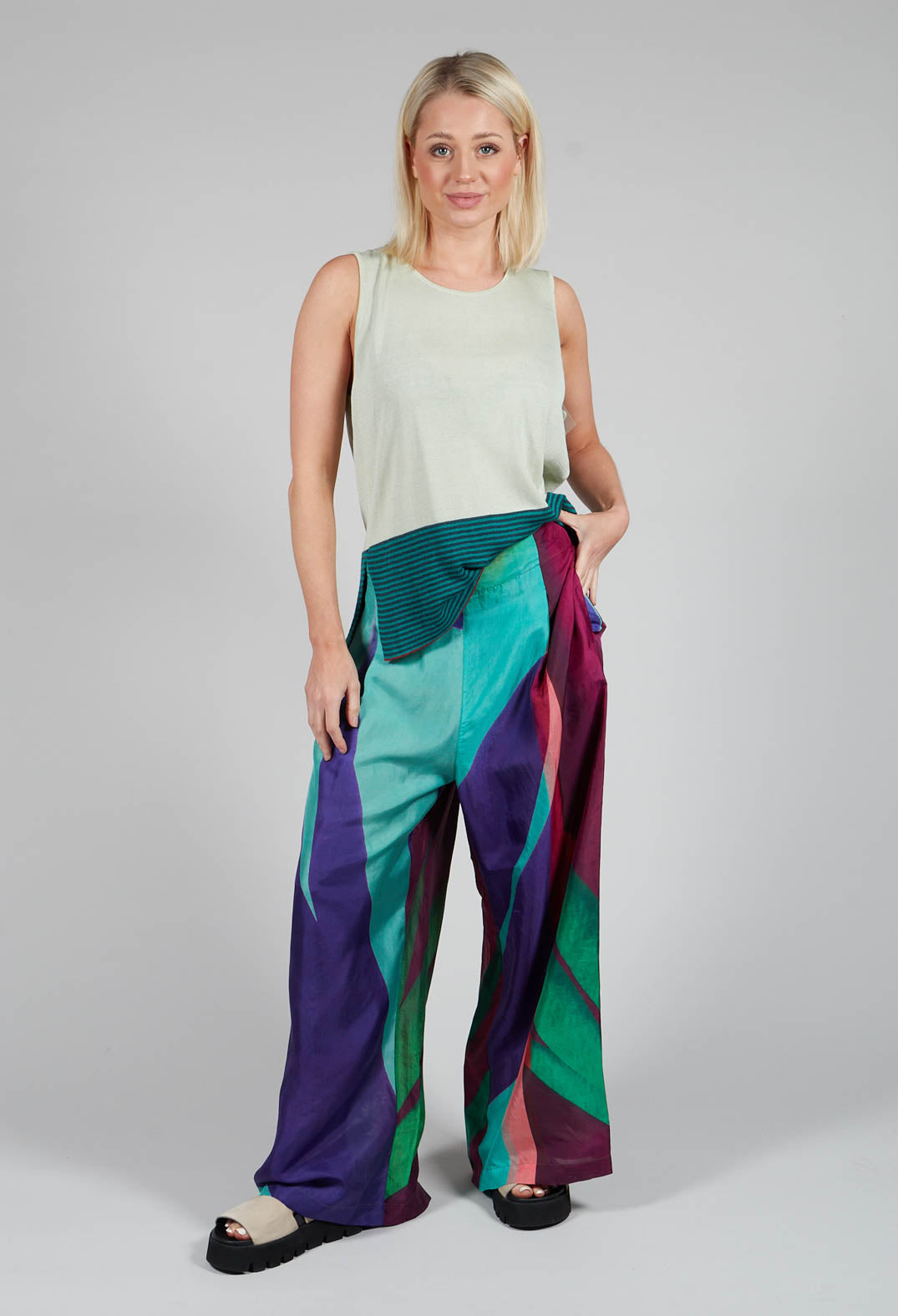 Wide Leg Silk Trousers with Bold Purple Print