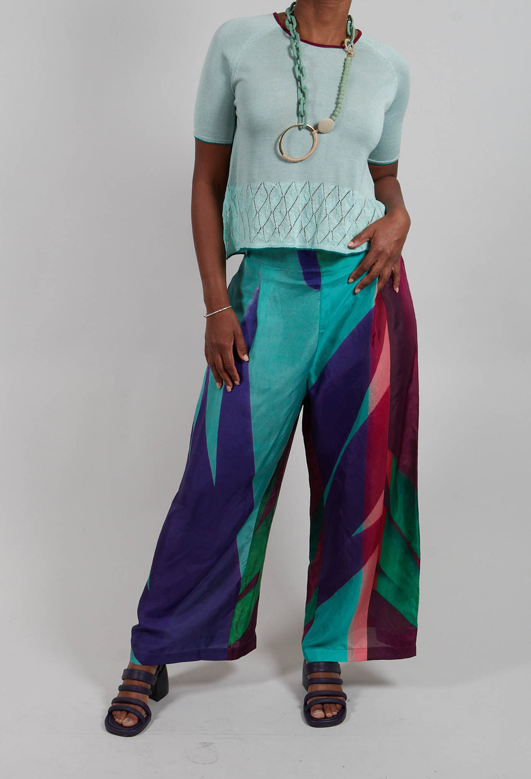 Wide Leg Silk Trousers with Bold Purple Print