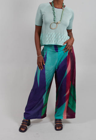 Wide Leg Silk Trousers with Bold Purple Print