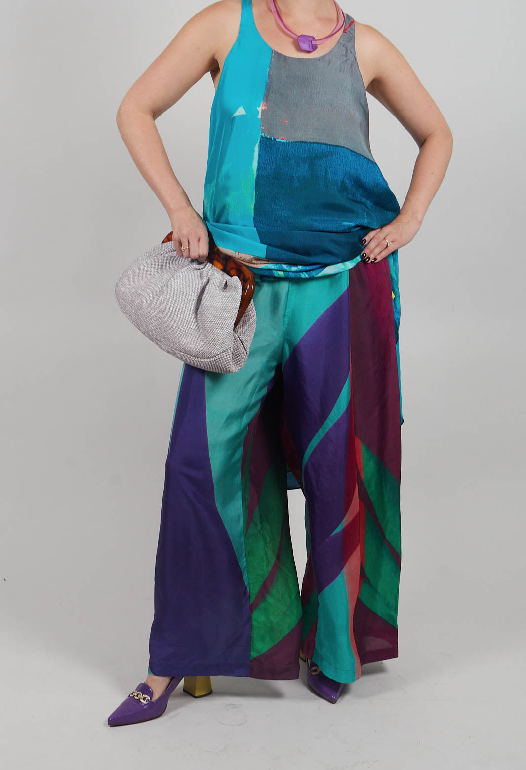 Wide Leg Silk Trousers with Bold Purple Print