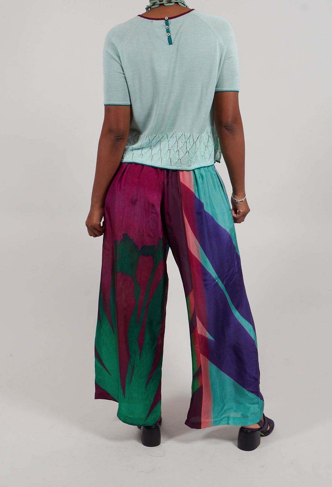 Wide Leg Silk Trousers with Bold Purple Print