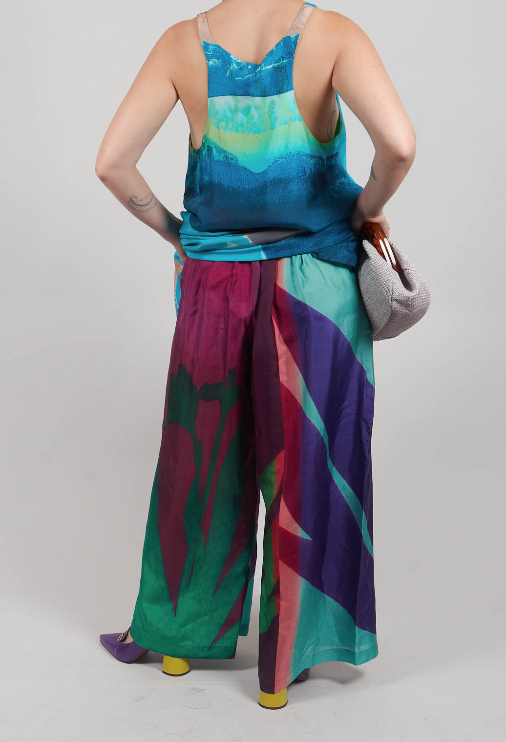 Wide Leg Silk Trousers with Bold Purple Print