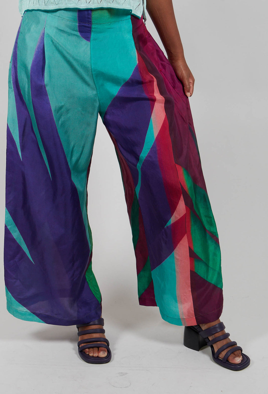 Wide Leg Silk Trousers with Bold Purple Print