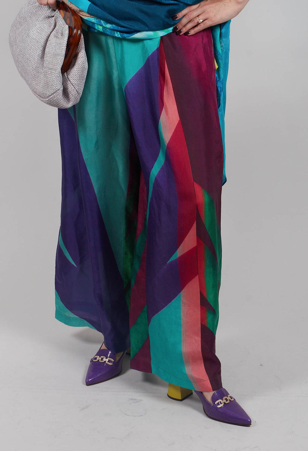 Wide Leg Silk Trousers with Bold Purple Print