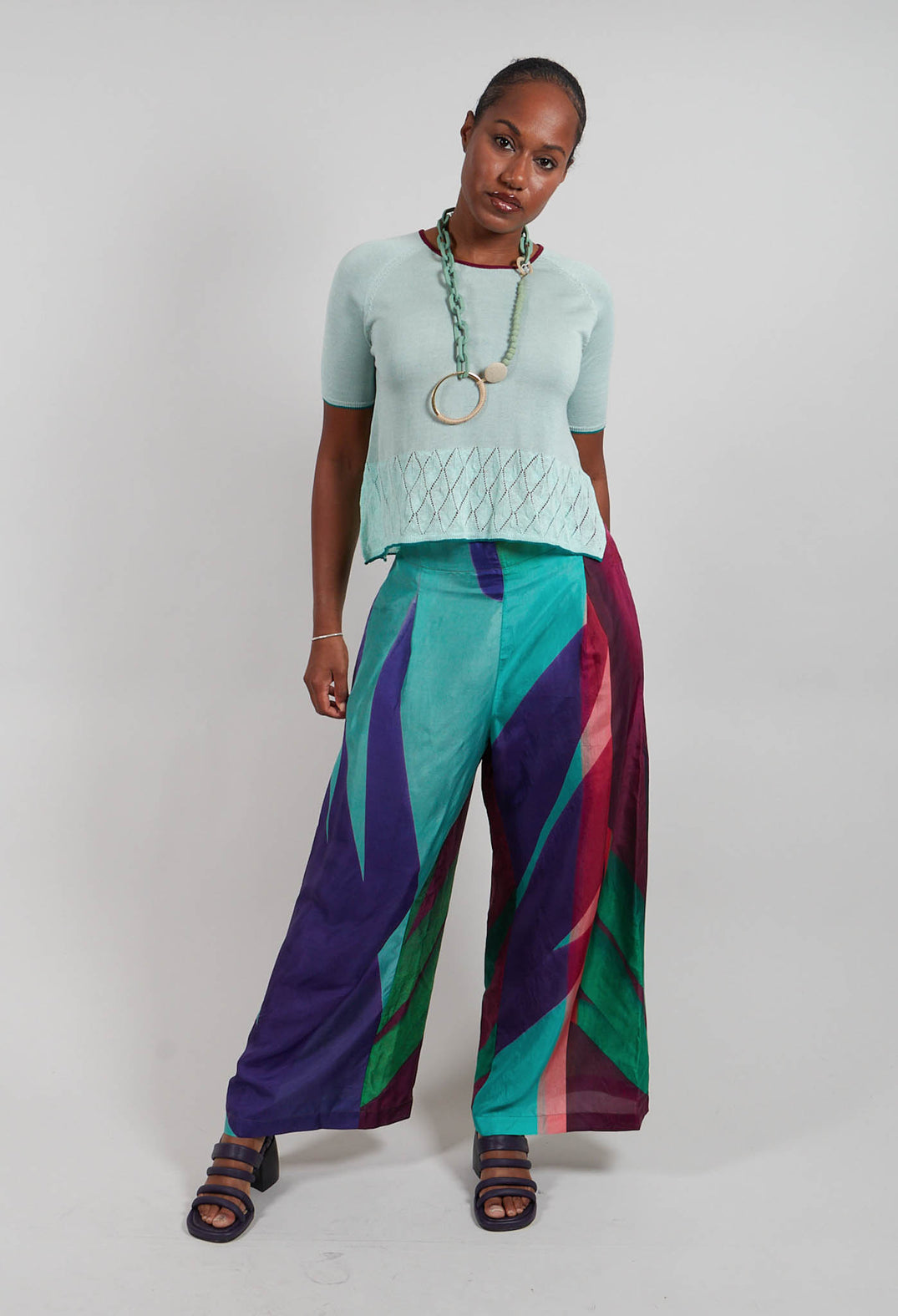 Wide Leg Silk Trousers with Bold Purple Print