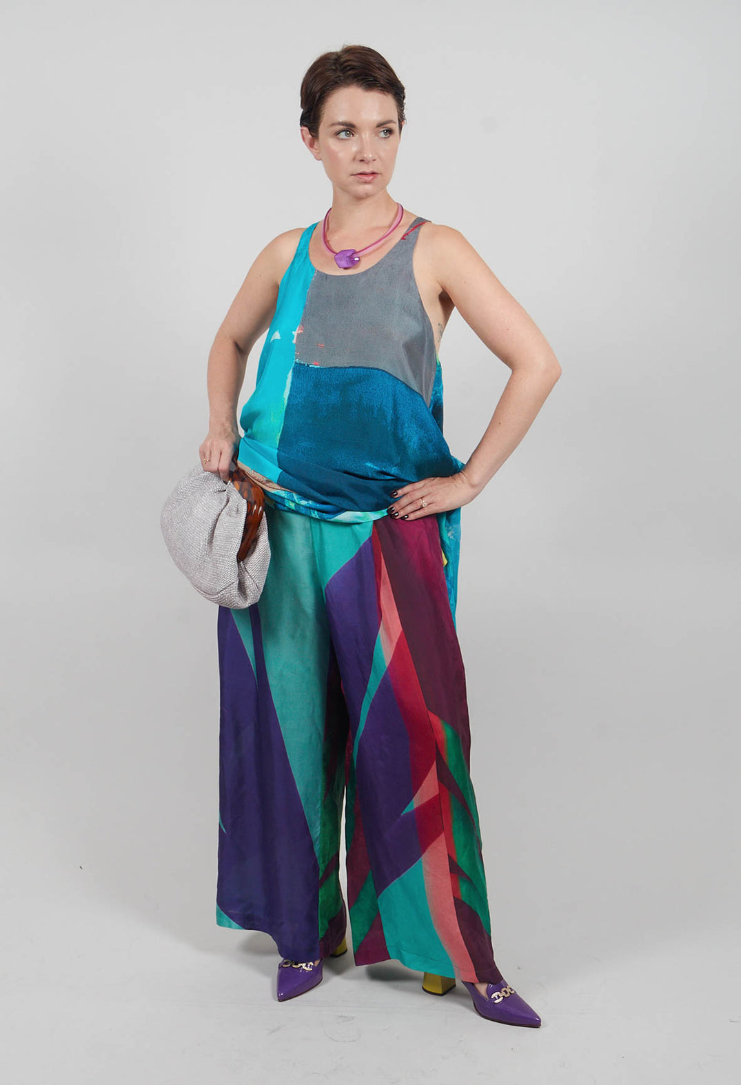 Wide Leg Silk Trousers with Bold Purple Print