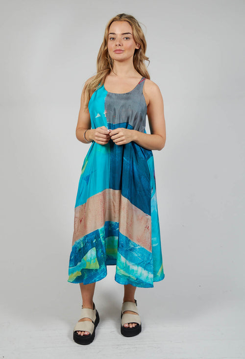 Racer Back Silk Dress with Bold Blue Print