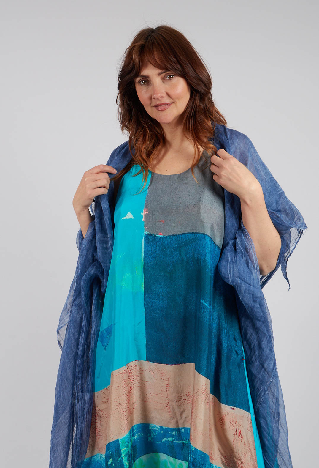 Racer Back Silk Dress with Bold Blue Print