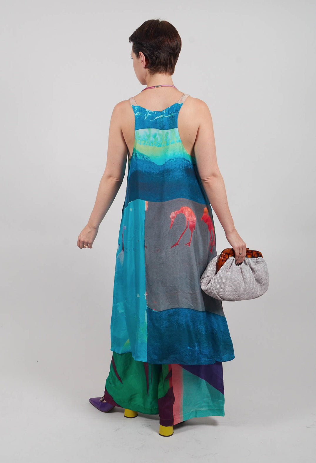 Racer Back Silk Dress with Bold Blue Print