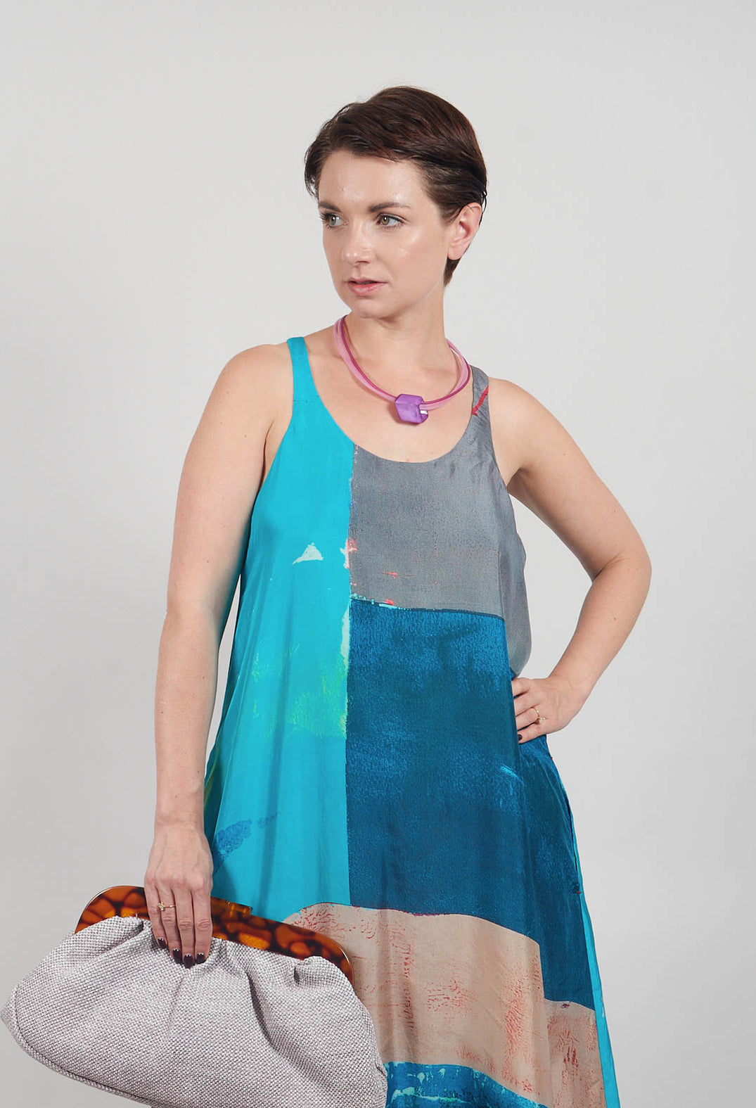Racer Back Silk Dress with Bold Blue Print