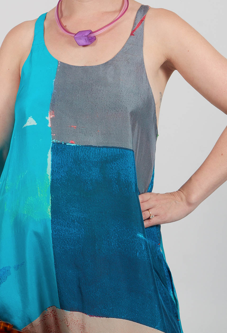 Racer Back Silk Dress with Bold Blue Print