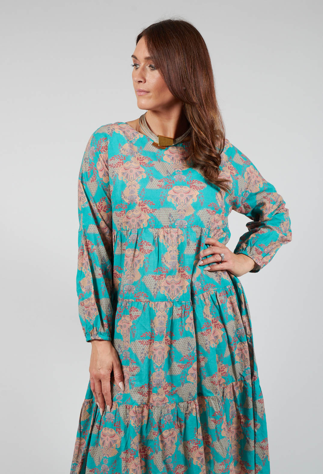 Tiered Vision of Love Dress in Turquoise with All over Print