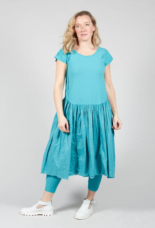 Short Sleeved Jersey Dress with Gathered Waist in Aqua