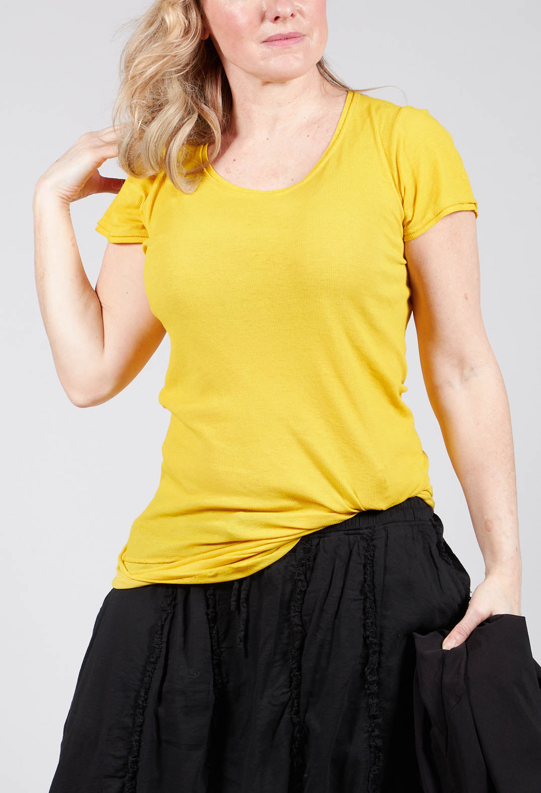 Round Neck Short Sleeved T Shirt with Skirt Panel in Lemon