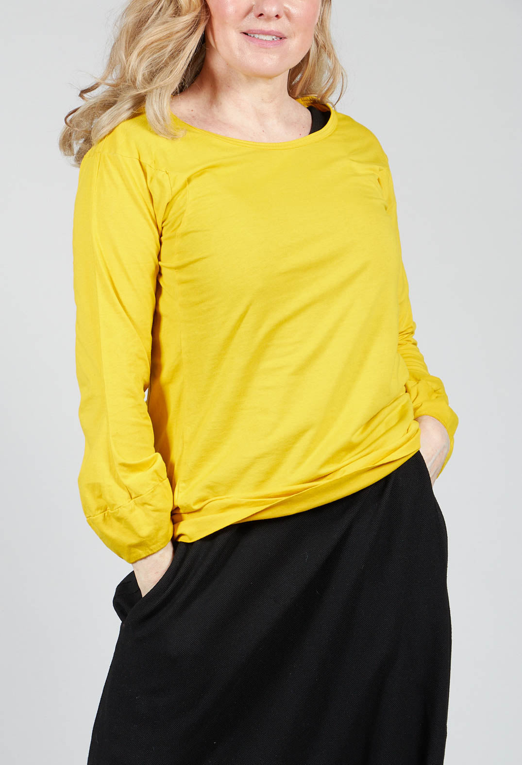 Round Neck Long Sleeved T Shirt with Bell Sleeves in Lemon