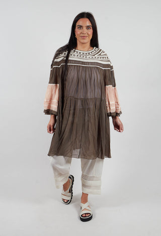 Short Block Dress with Underlayer in Olive Peach