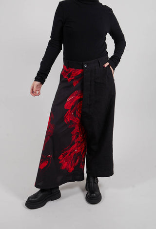 Wide Leg Dropcrotch Trousers with Contrasting Legs in Black and Red