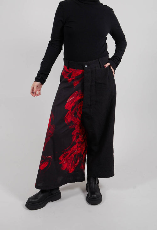 Wide Leg Dropcrotch Trousers with Contrasting Legs in Black and Red