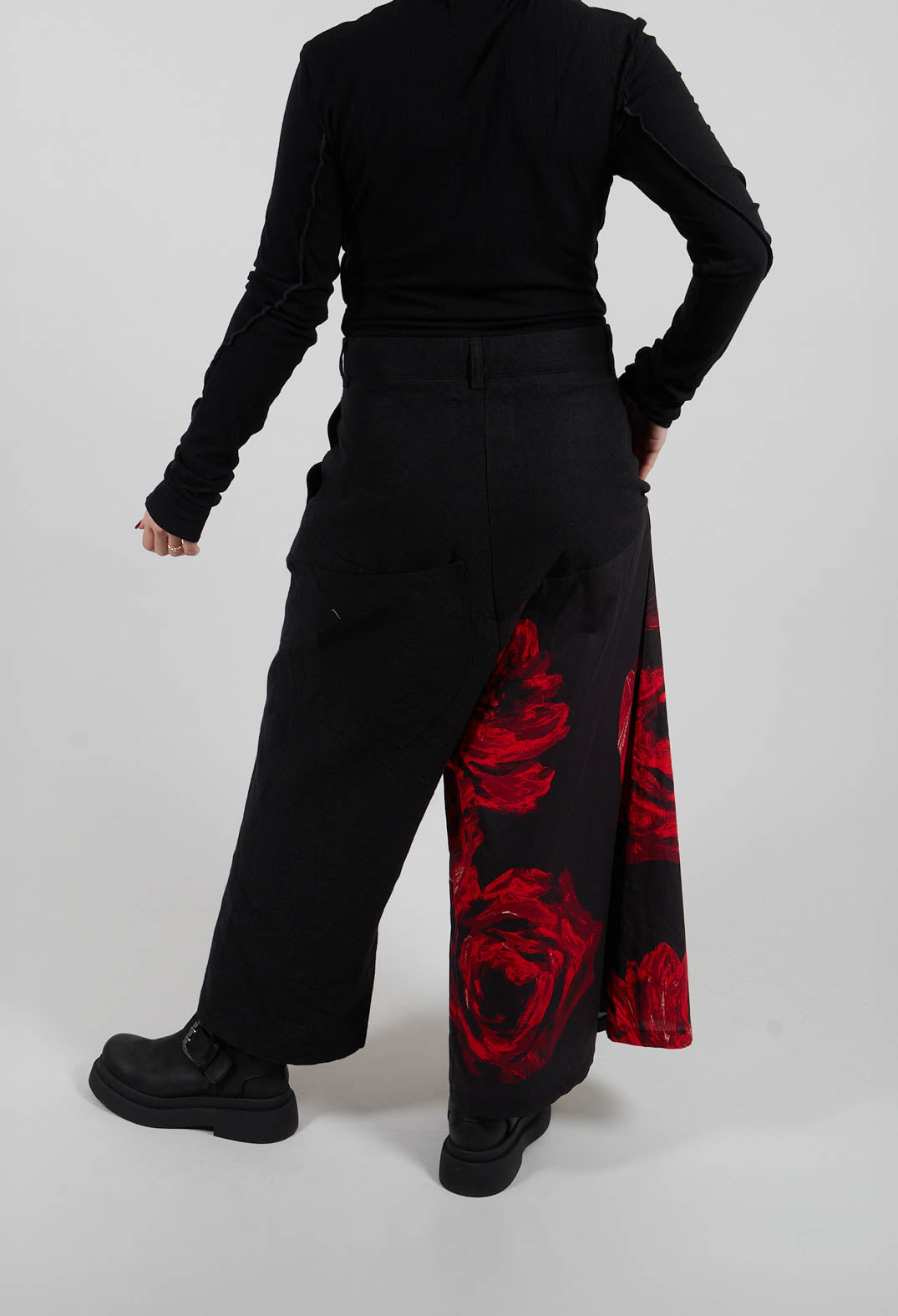 Wide Leg Dropcrotch Trousers with Contrasting Legs in Black and Red