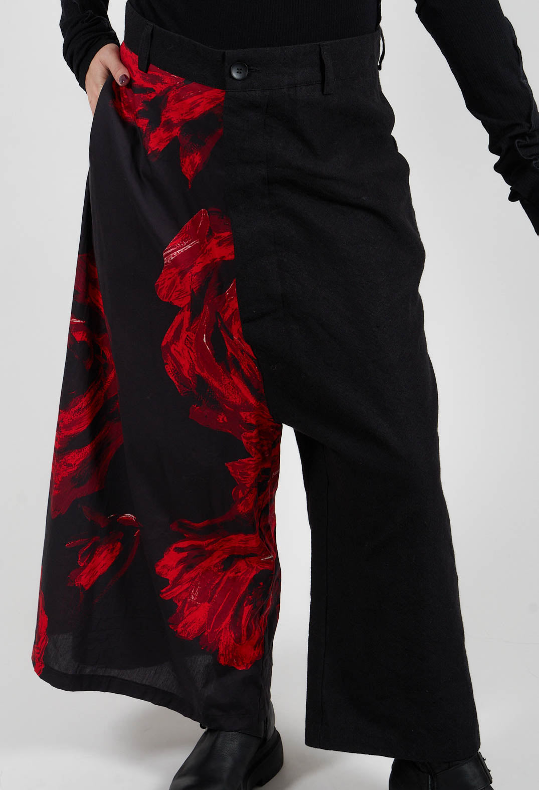 Wide Leg Dropcrotch Trousers with Contrasting Legs in Black and Red