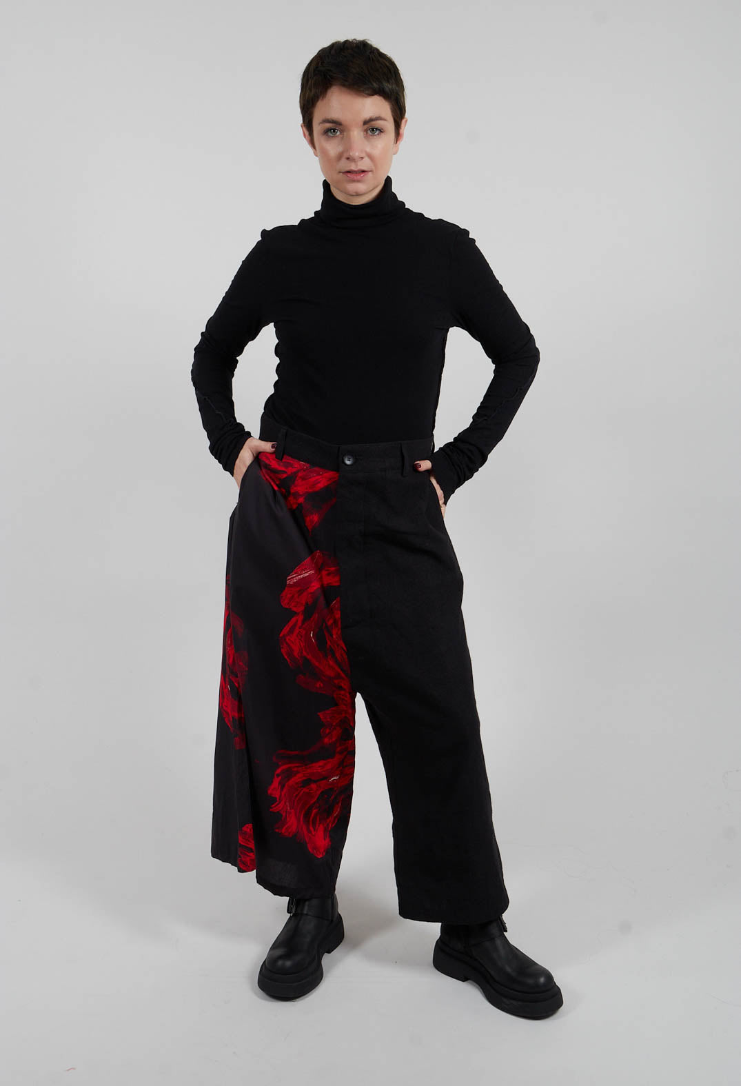 Wide Leg Dropcrotch Trousers with Contrasting Legs in Black and Red