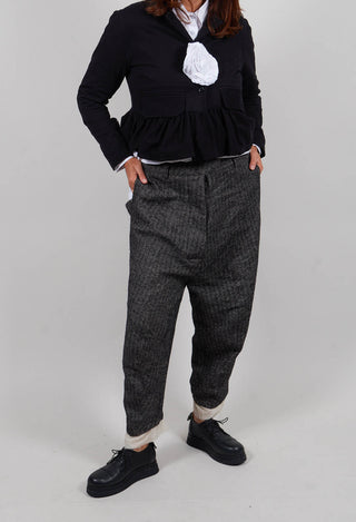 Wide Leg Trousers with Contrasting Hem in Herringbone Grey