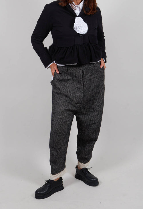 Wide Leg Trousers with Contrasting Hem in Herringbone Grey