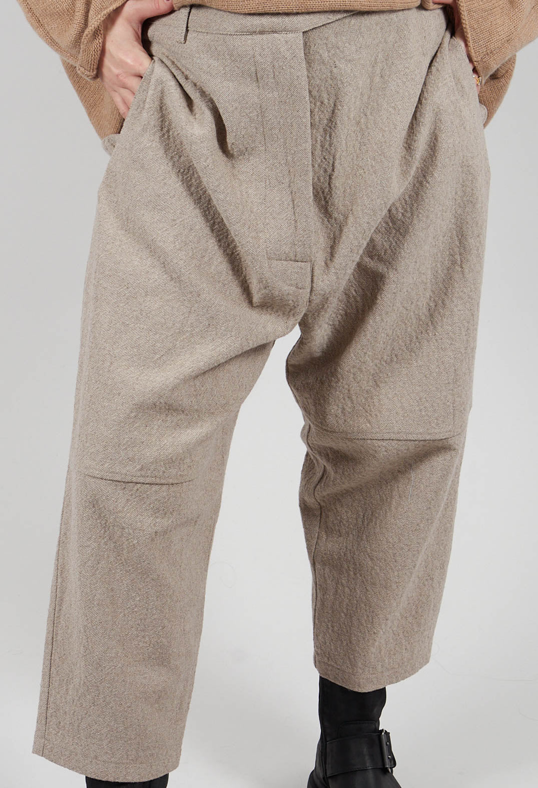 Wide Leg Dropcrotch Trousers in Beige