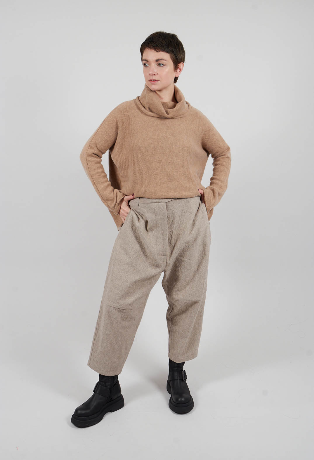 Wide Leg Dropcrotch Trousers in Beige