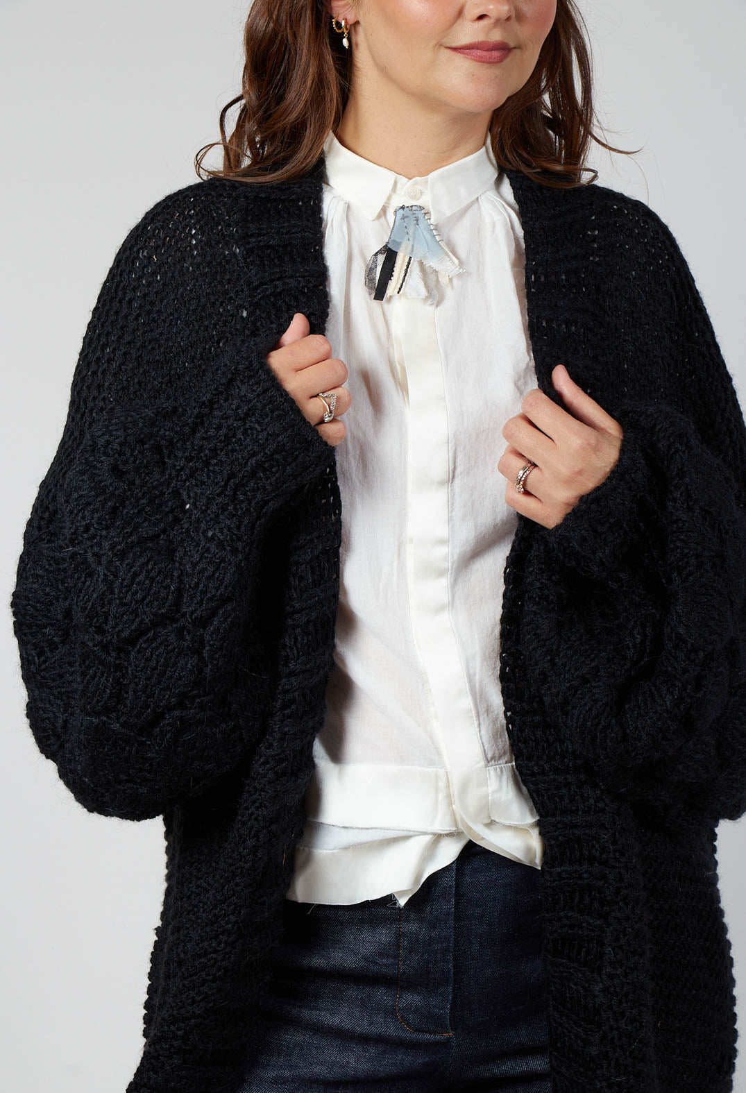 Longline Hand Knitted Cardigan in Black