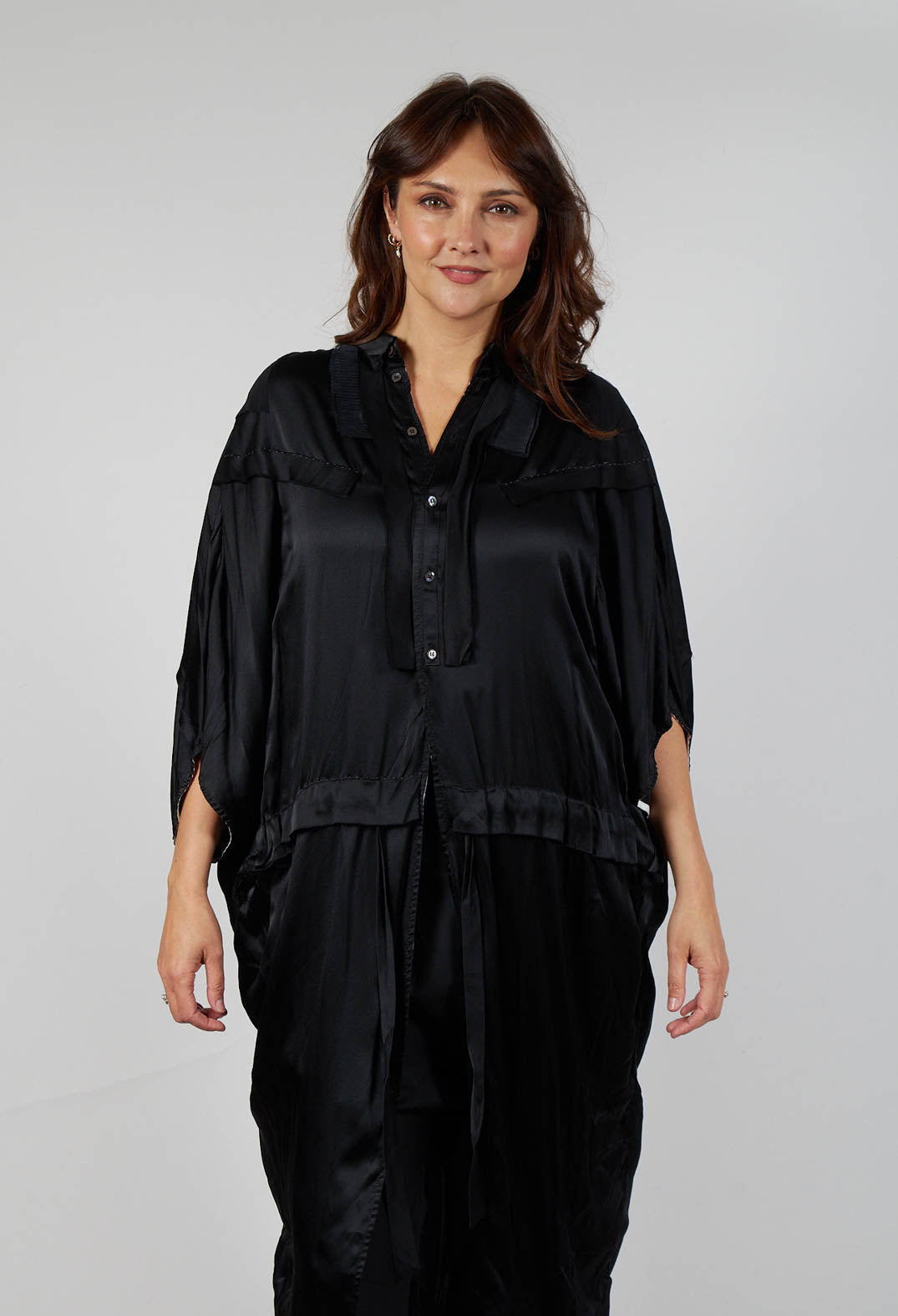 Satin Silk Shirt Dress in Anthracite