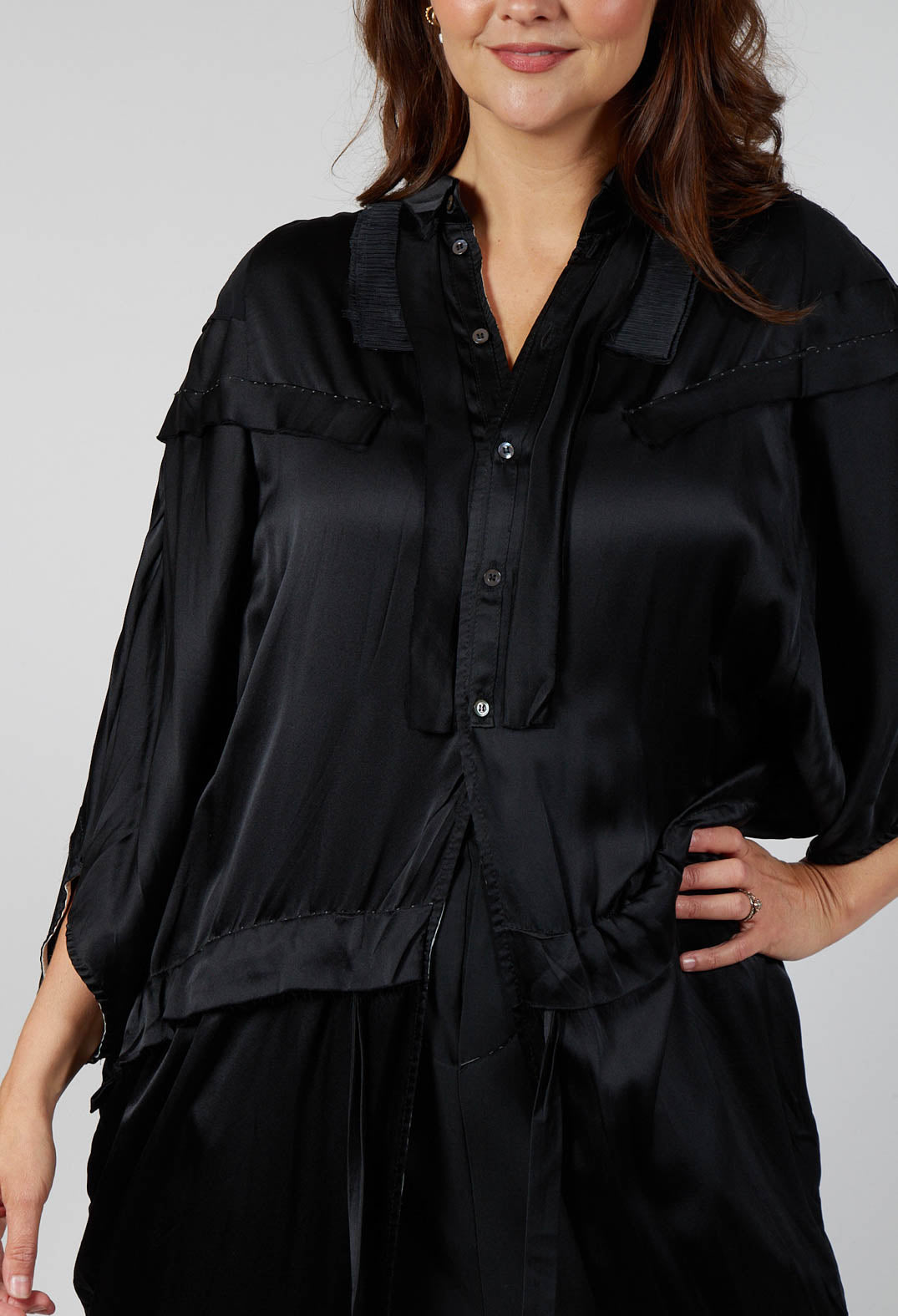 Satin Silk Shirt Dress in Anthracite