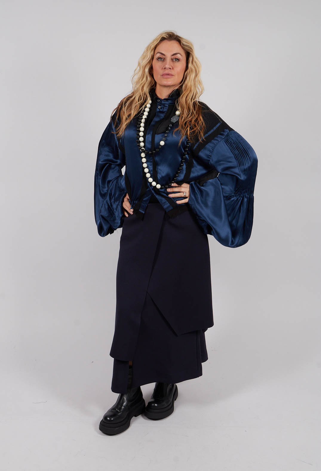 Satin Silk Blouse in Dark Navy
