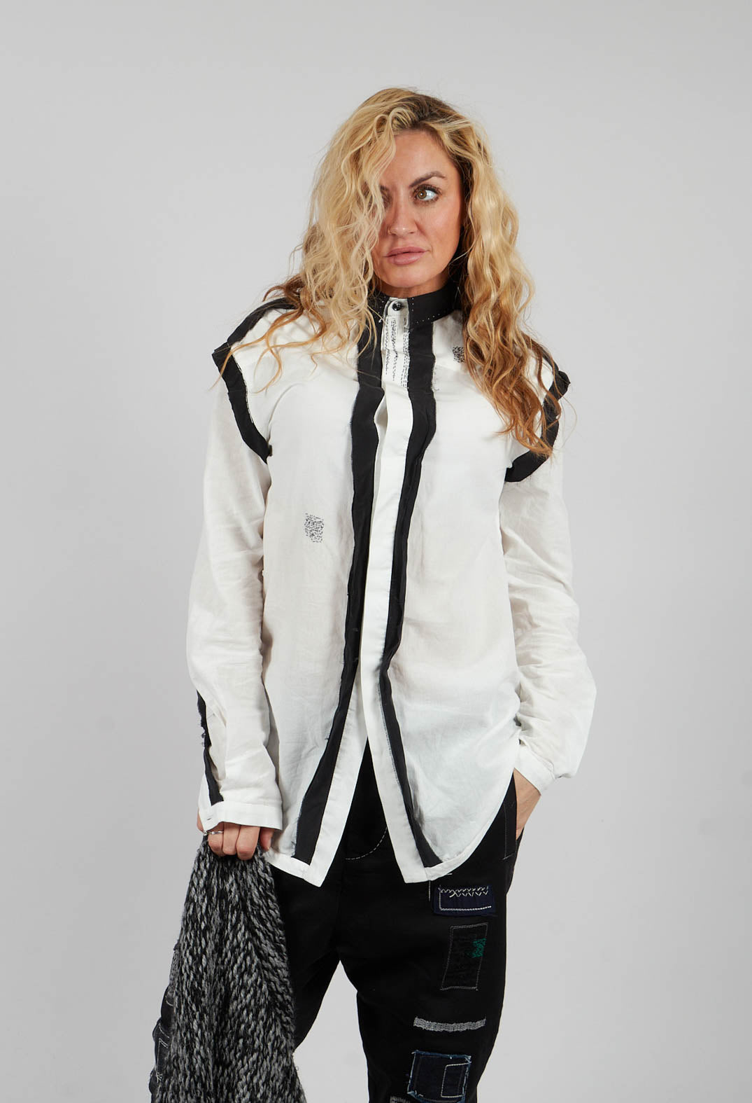 Cotton Shirt with Contrast Detail in White Black