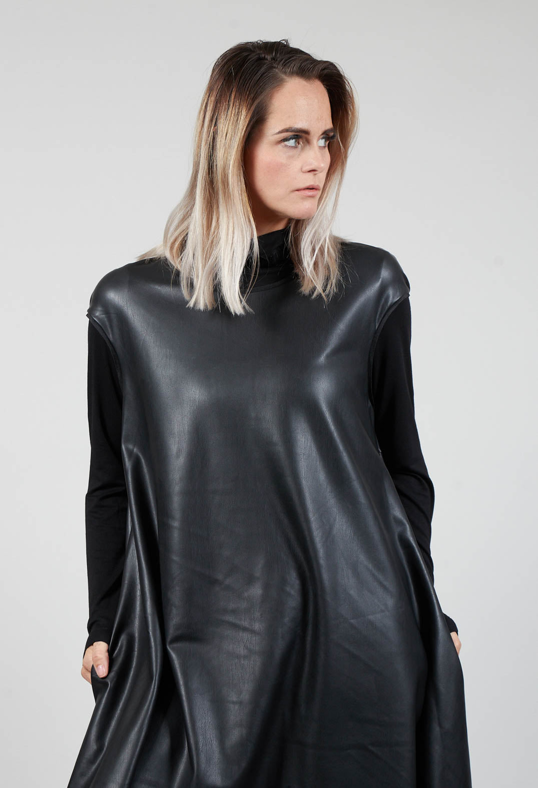 Leather Look A Line Dress in Black