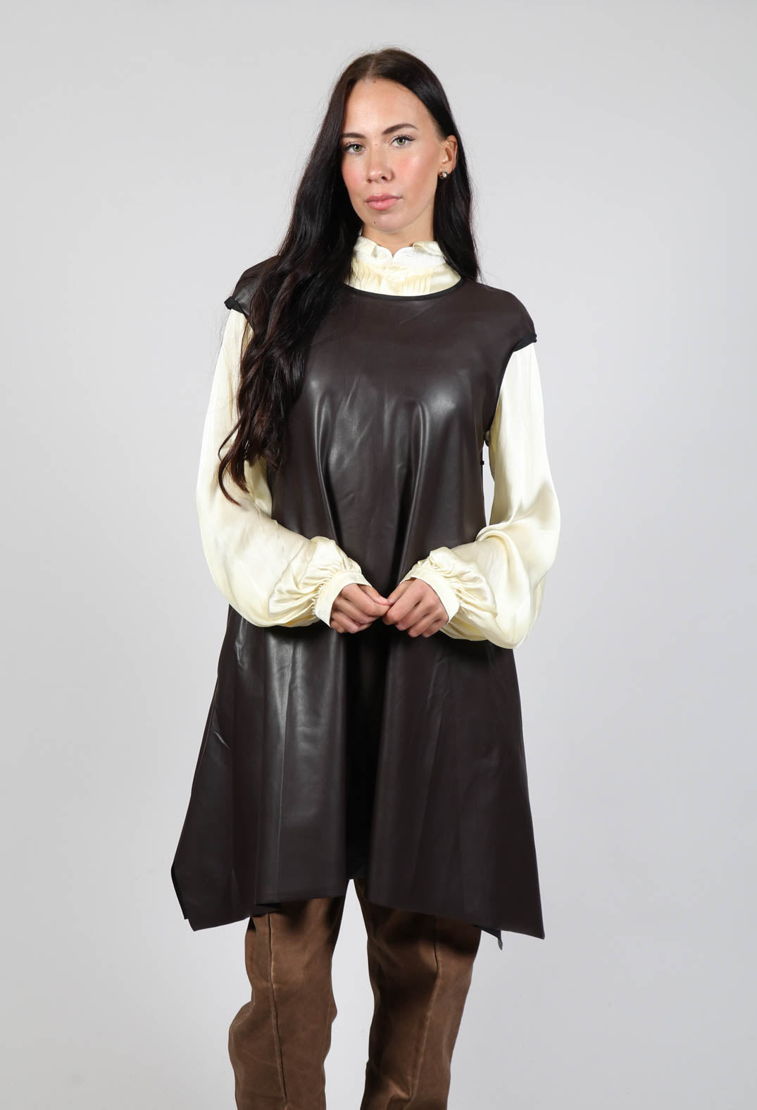 Xenia Design Leather Look A Line Dress in Brown | Olivia May Xenia Design Leather Look A Line Dress in Brown | Olivia May