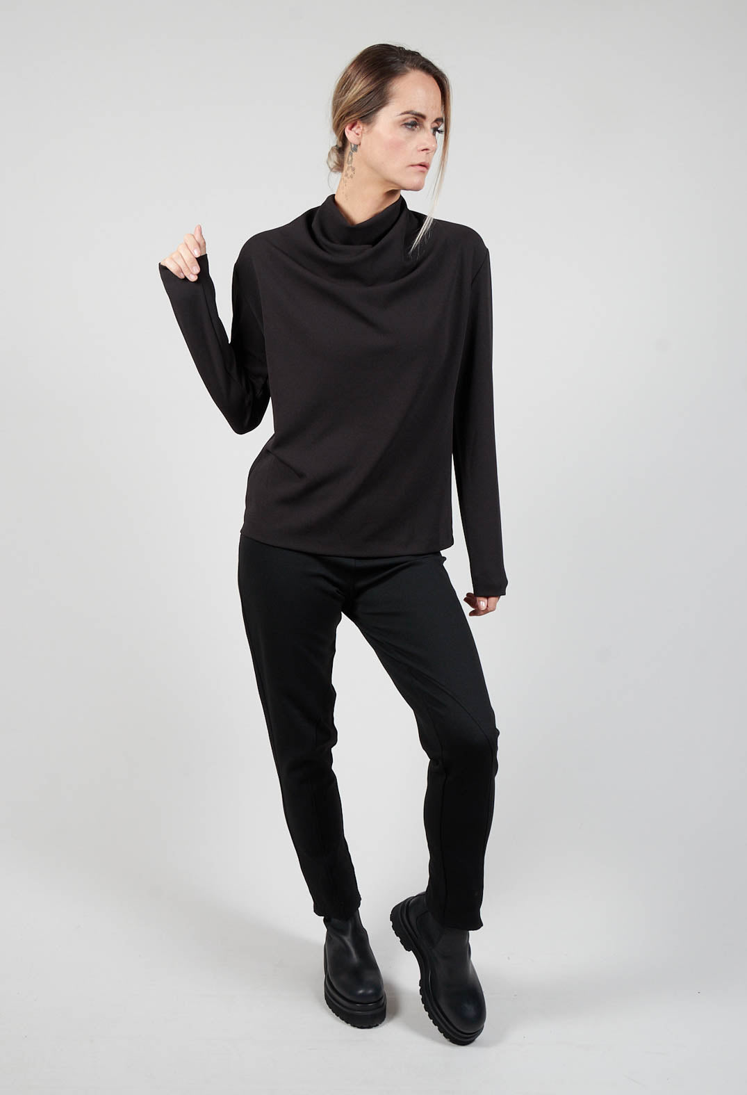 Draped Neck Blouse with Long Sleeves in Black