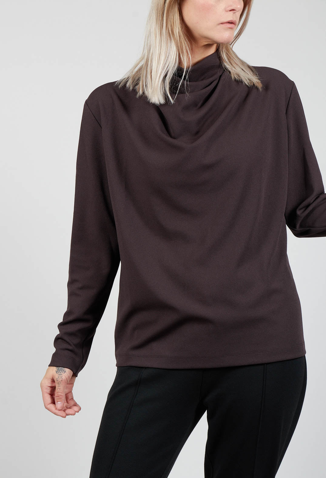 Draped Neck Blouse with Long Sleeves in Dark Brown