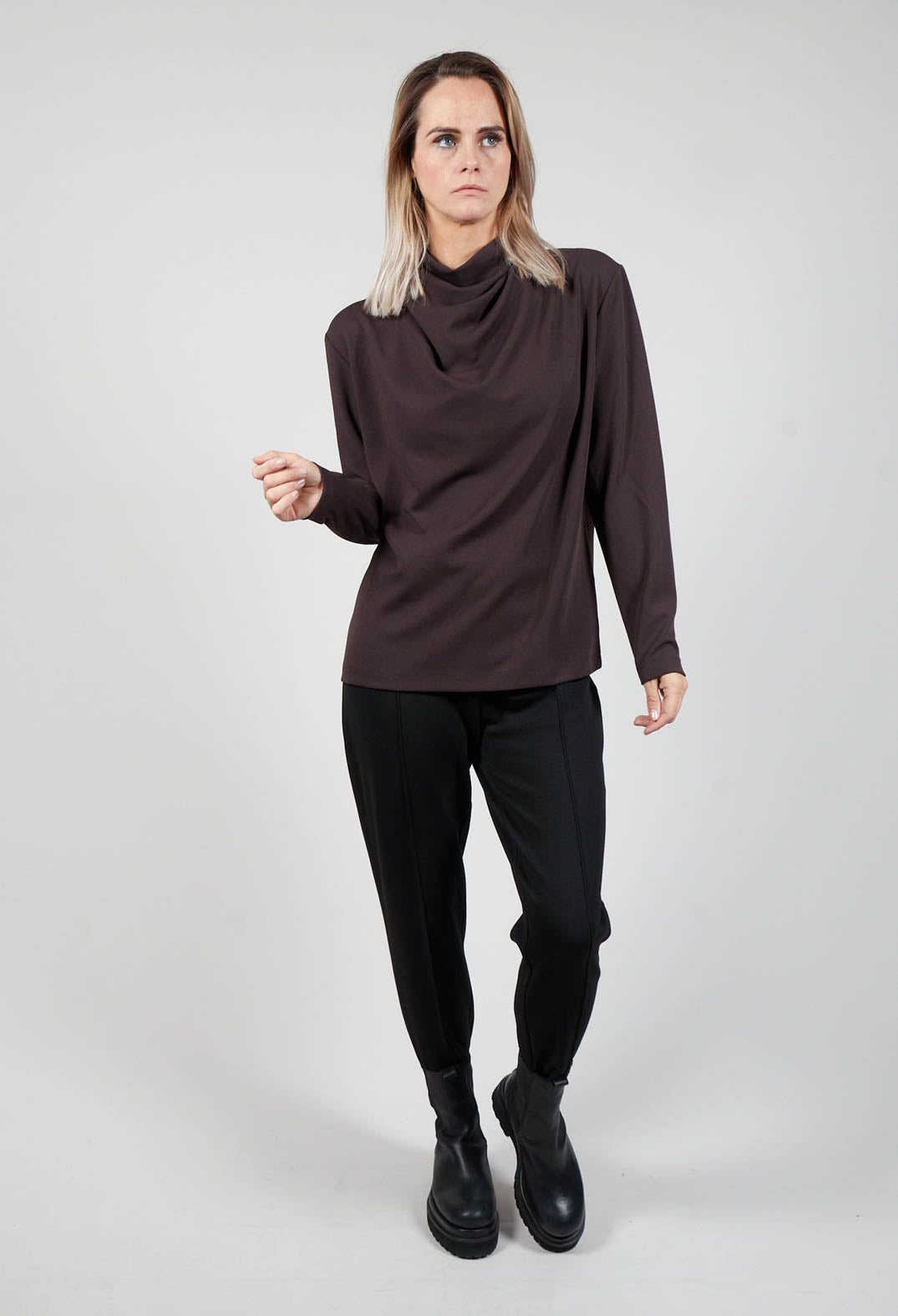 Draped Neck Blouse with Long Sleeves in Dark Brown