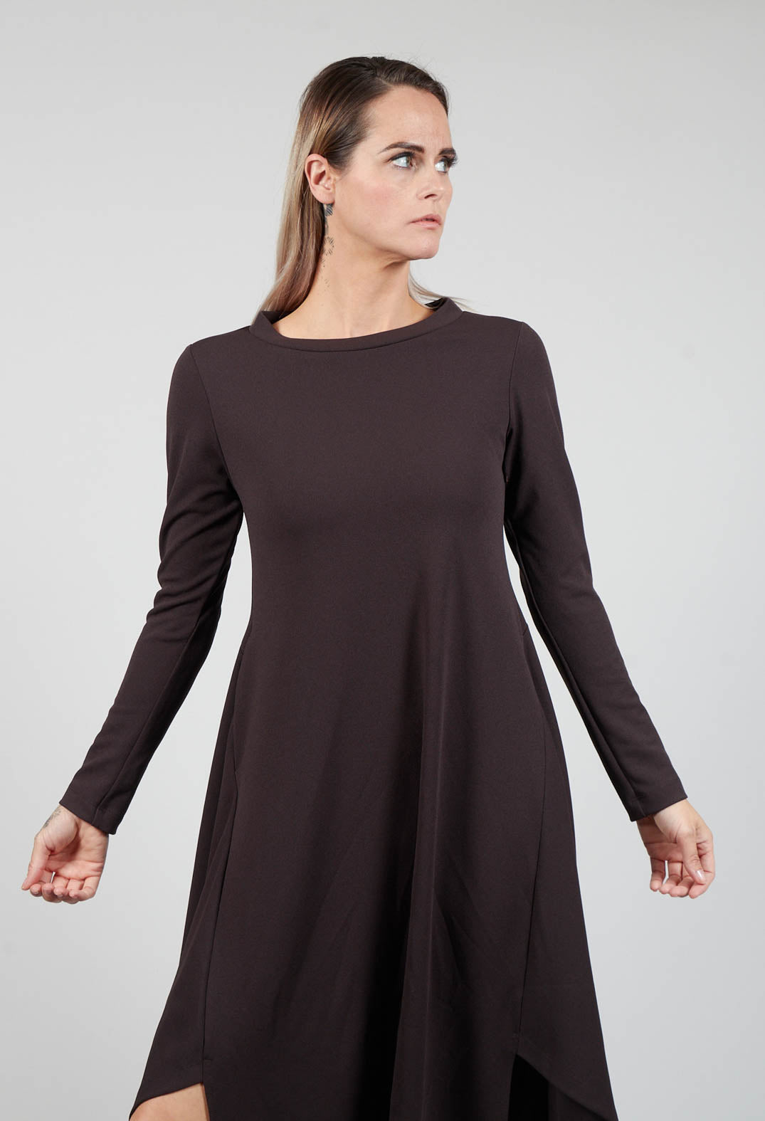 Long Sleeve Dress with Front Splits in Dark Brown