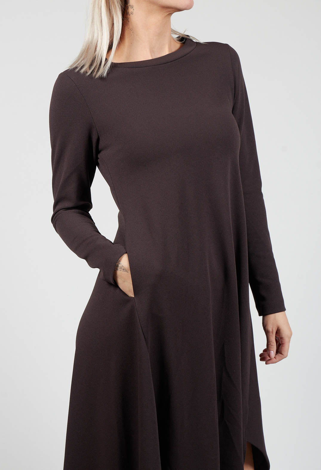 Long Sleeve Dress with Front Splits in Dark Brown