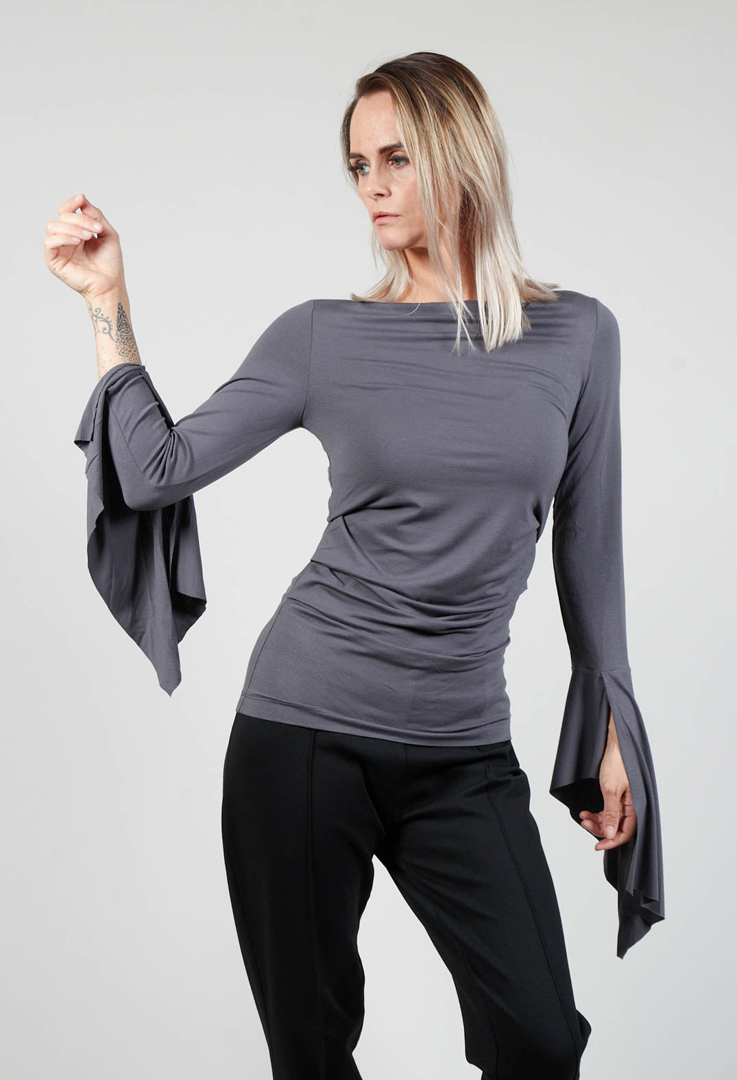 Wide Neck Top with Side Ruching in Grey