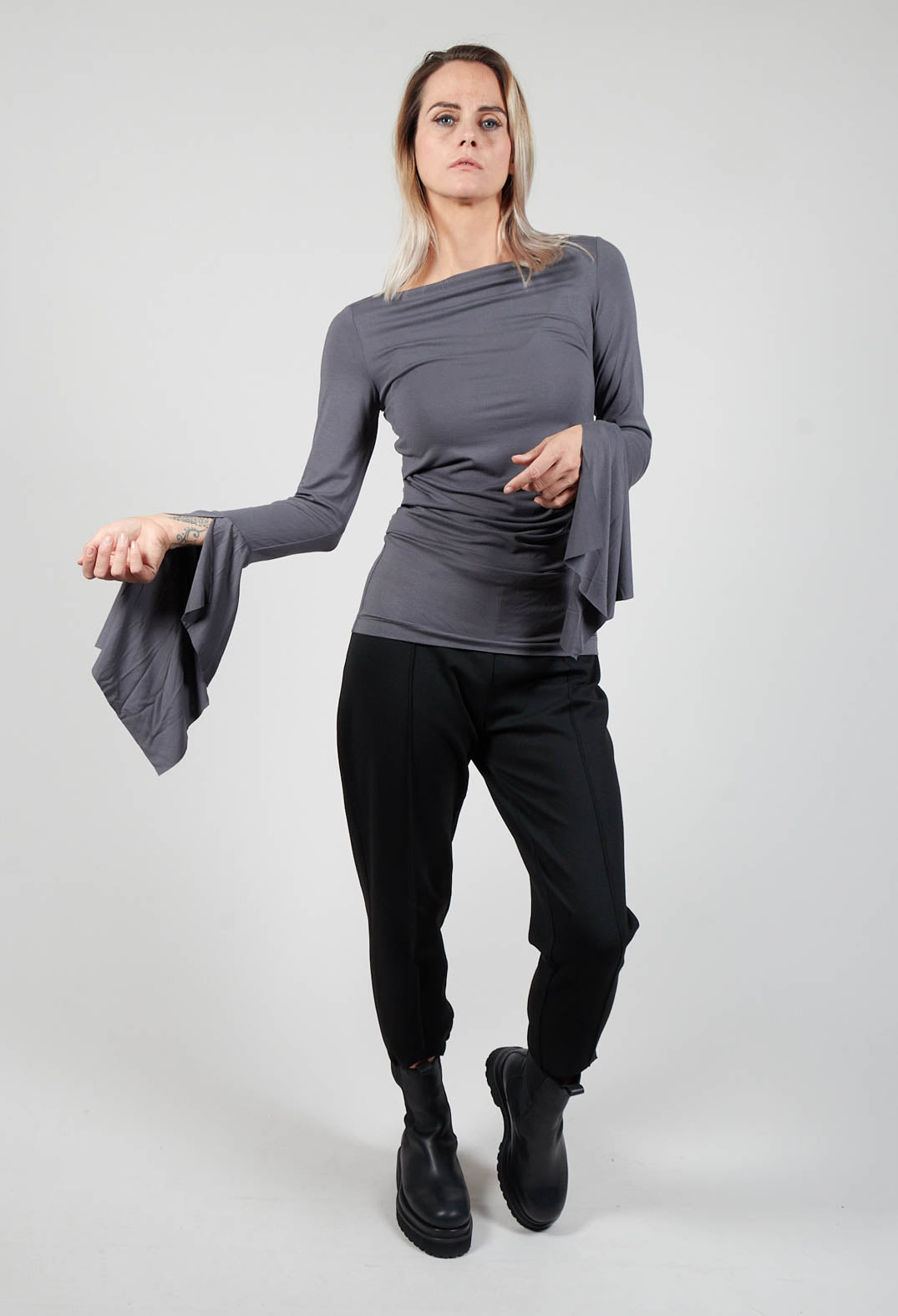 Wide Neck Top with Side Ruching in Grey