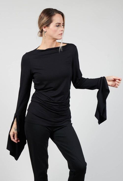 Wide Neck Top with Side Ruching in Black