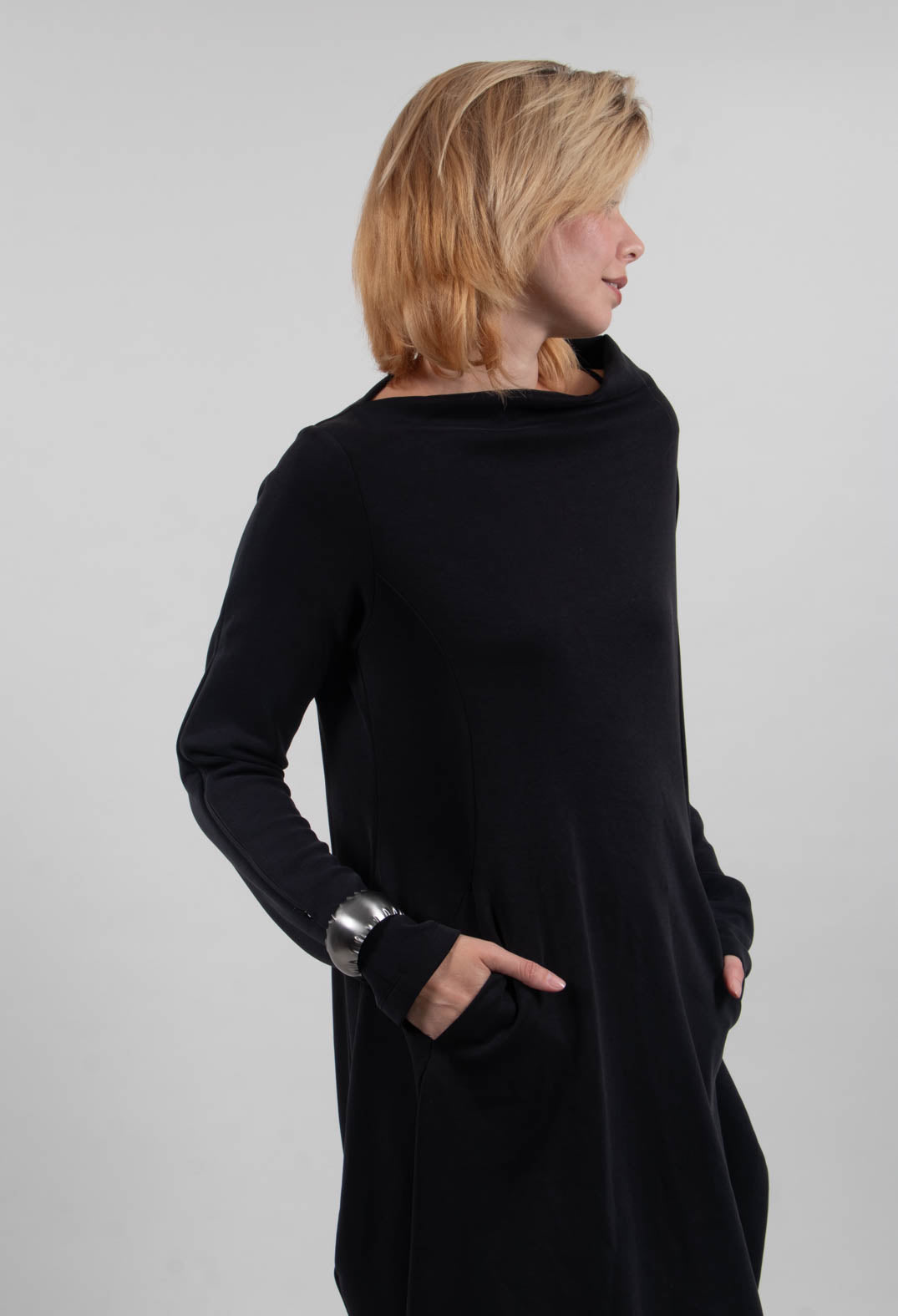 Long Sleeve Dress with Boat Neck in Black