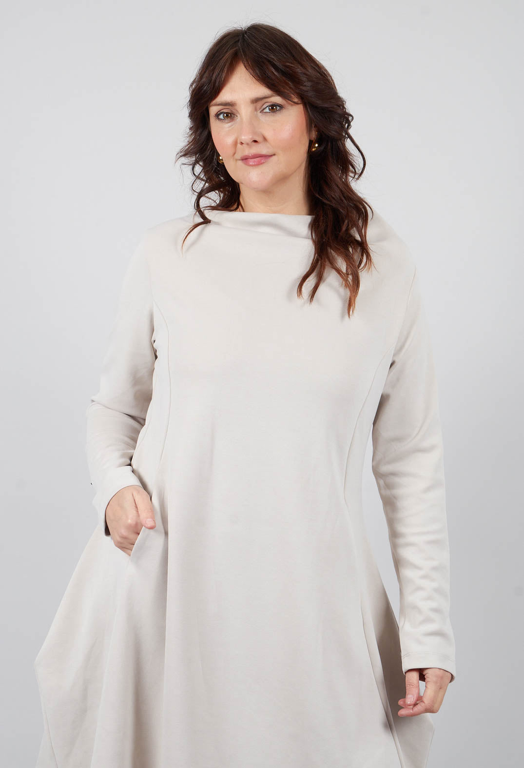 Long Sleeve Dress with Boat Neck in Off White