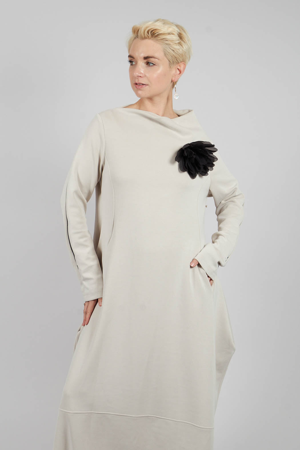 Long Sleeve Ballon Hem Dress in Off White